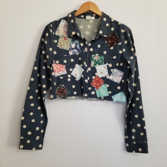 Roxy Repurposed Patchwork Navy Polka Dot Crop Button Down Shirt Size Large - Picture 1 of 7
